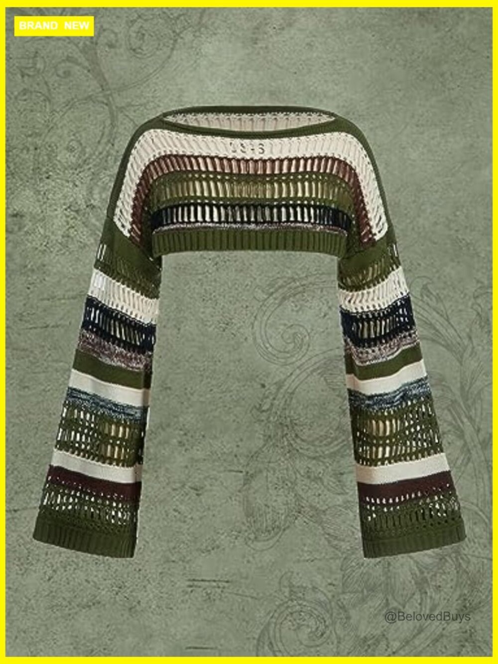 Striped Crochet Shrug Boat Neck Crop Sweater Colorblock Drop Shoulder Pullover - Picture 7 of 7